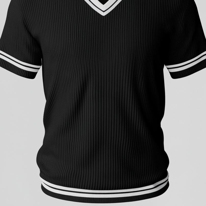 Men's Contrast Color Stripes V Neck Short Sleeve Rib Knitted T-Shirt