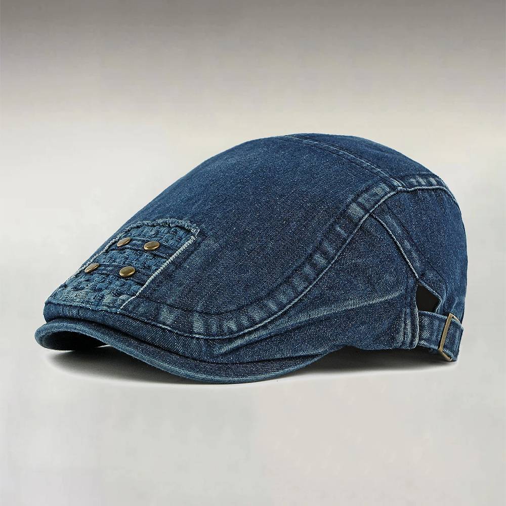 Men's Dark Blue Washed Denim Studded Adjustable Metal Buckle Flat Cap