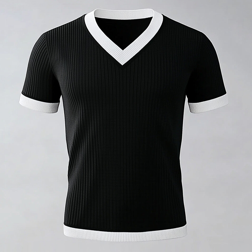 Men's Contrast Color V Neck Short Sleeve Knitted T-Shirt