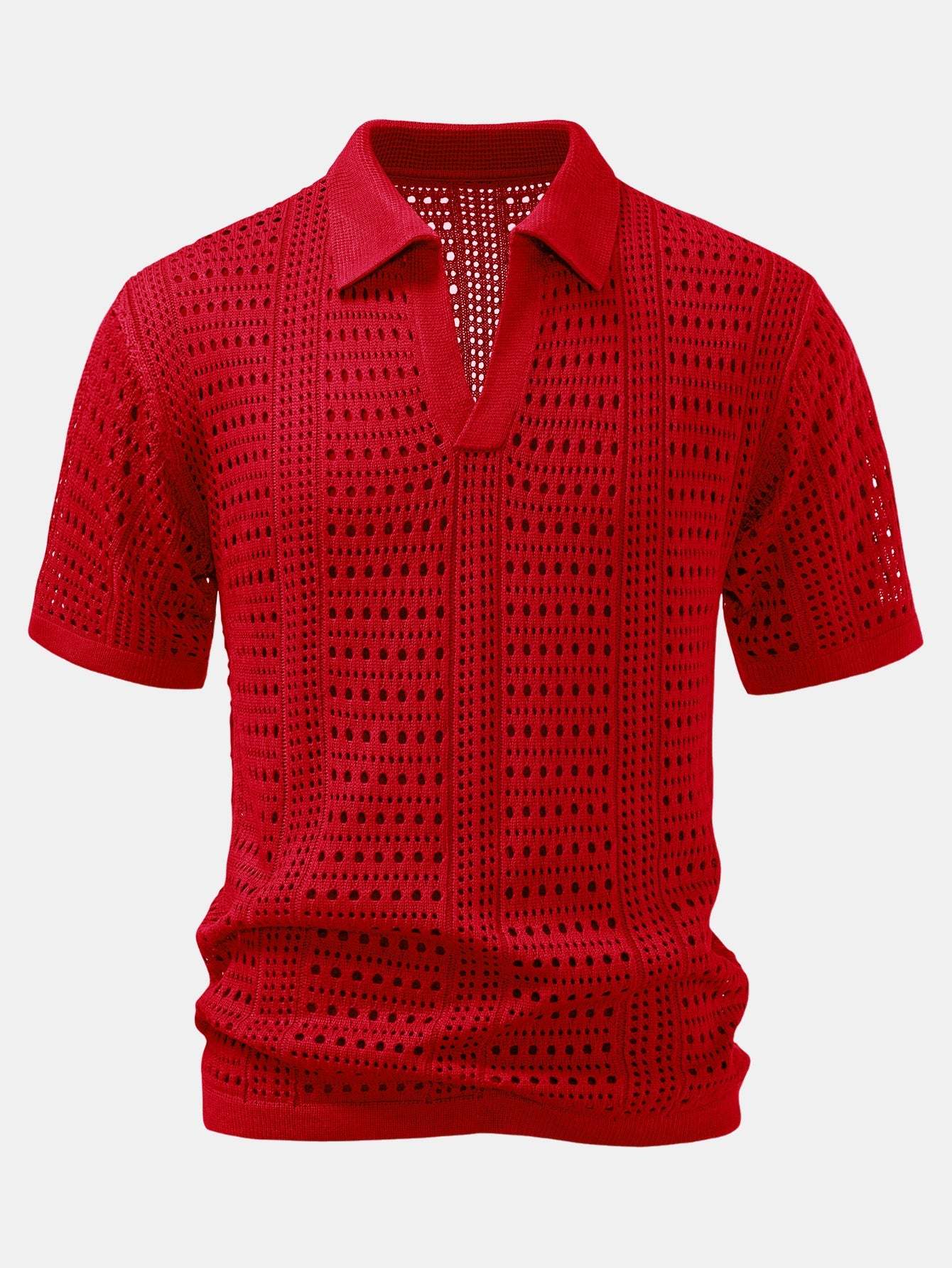 Men's Stylish Hollow Out Crochet V-Neck Knit Polo Shirt Short Sleeve