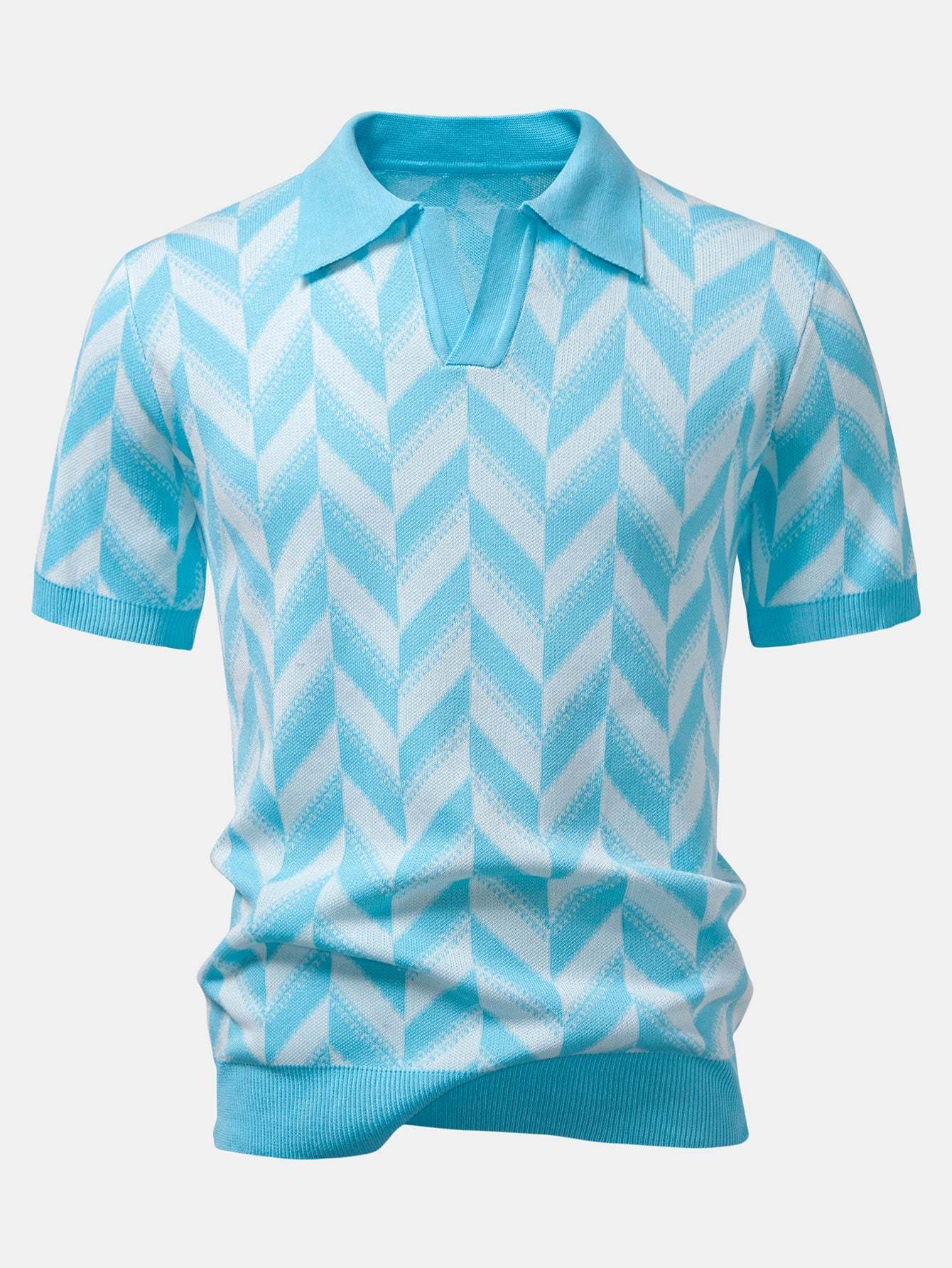 Men's Stylish Geometric Knitted V-Neck Polo Shirt - Soft Viscose Fabric