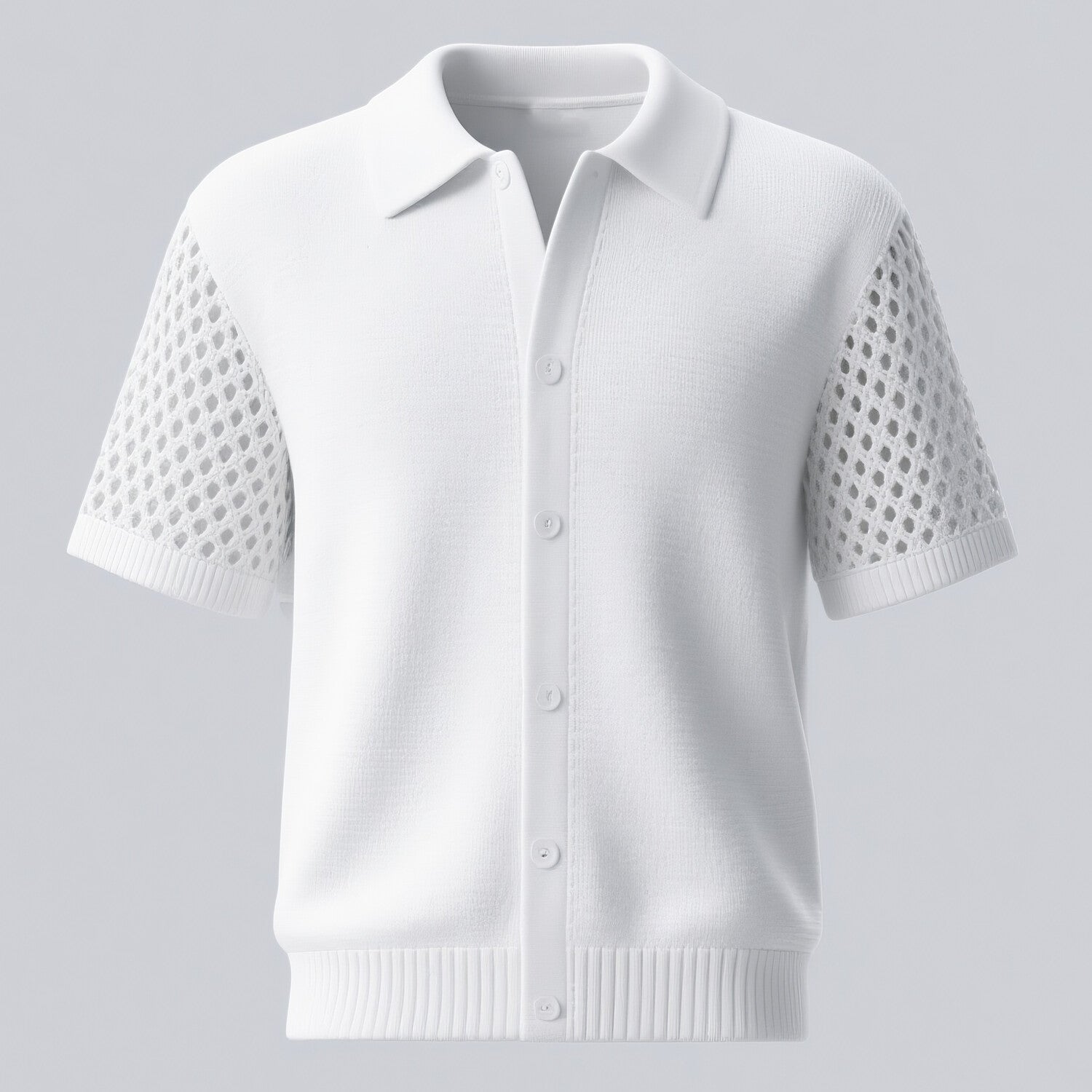 Men's Knit Hollow Out Short Sleeve Turndown Collar Button Shirt