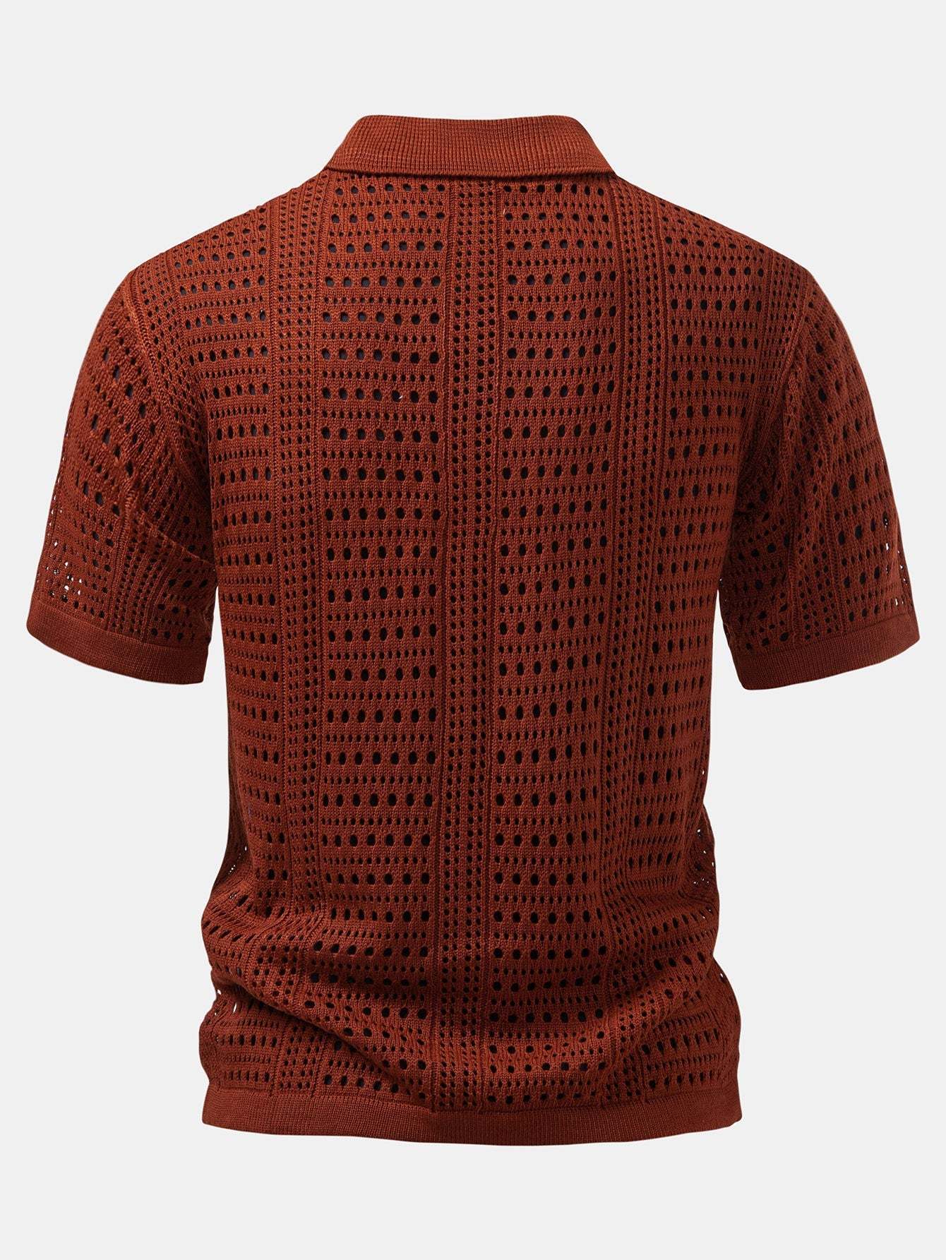 Men's Stylish Hollow Out Crochet V-Neck Knit Polo Shirt Short Sleeve
