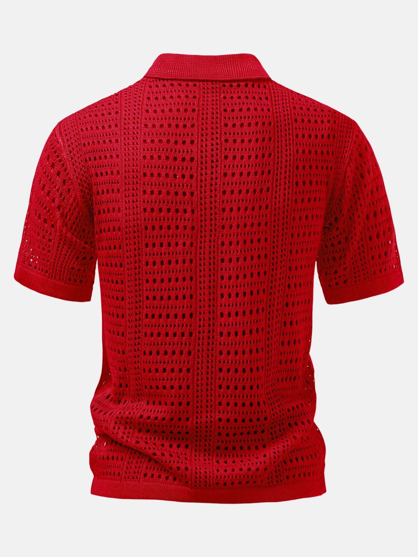 Men's Stylish Hollow Out Crochet V-Neck Knit Polo Shirt Short Sleeve