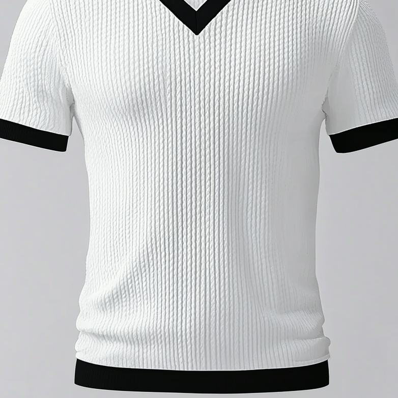 Men's V Neck Short Sleeve Knitted Contrast Binding T-Shirt