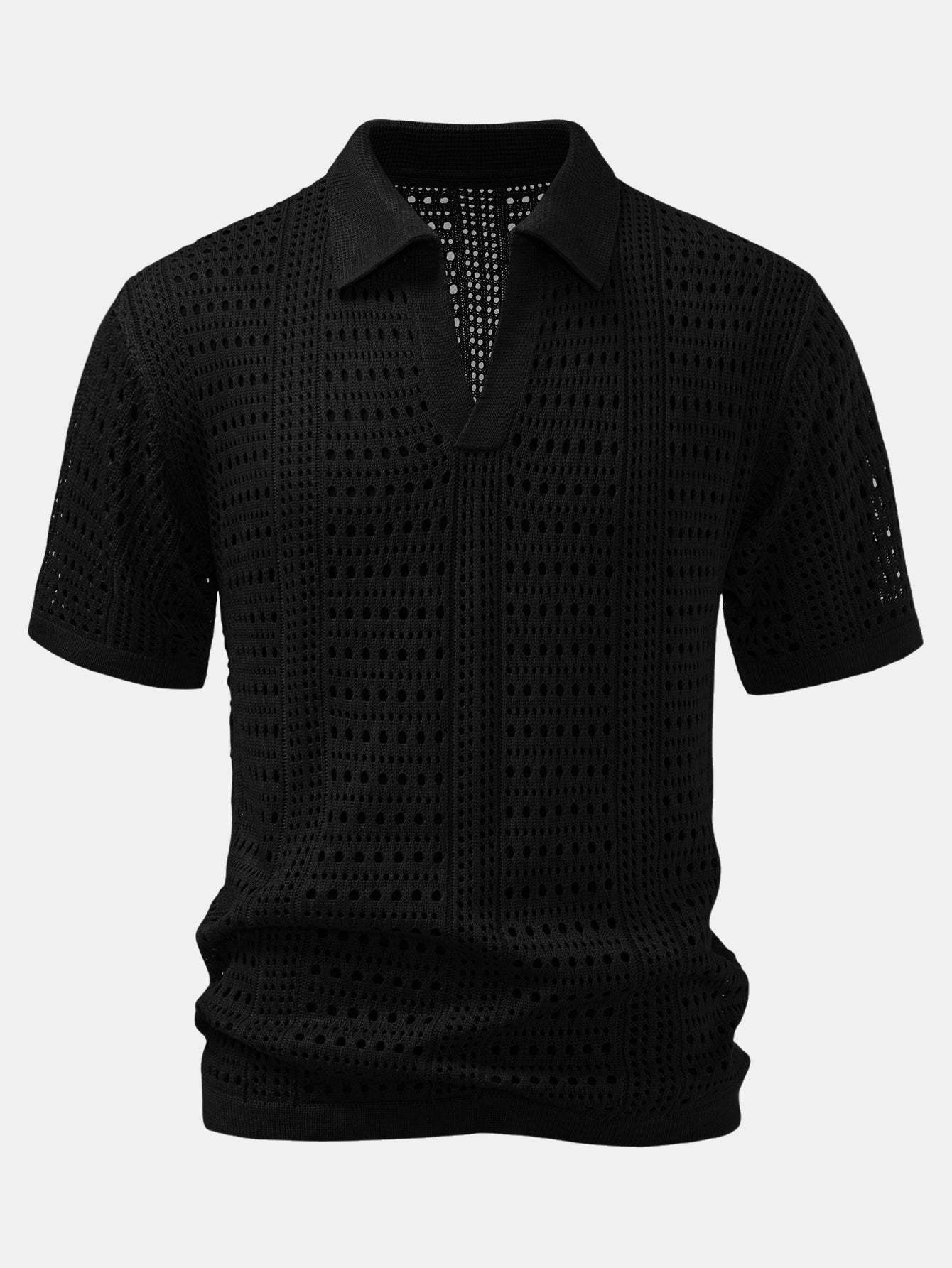 Men's Stylish Hollow Out Crochet V-Neck Knit Polo Shirt Short Sleeve