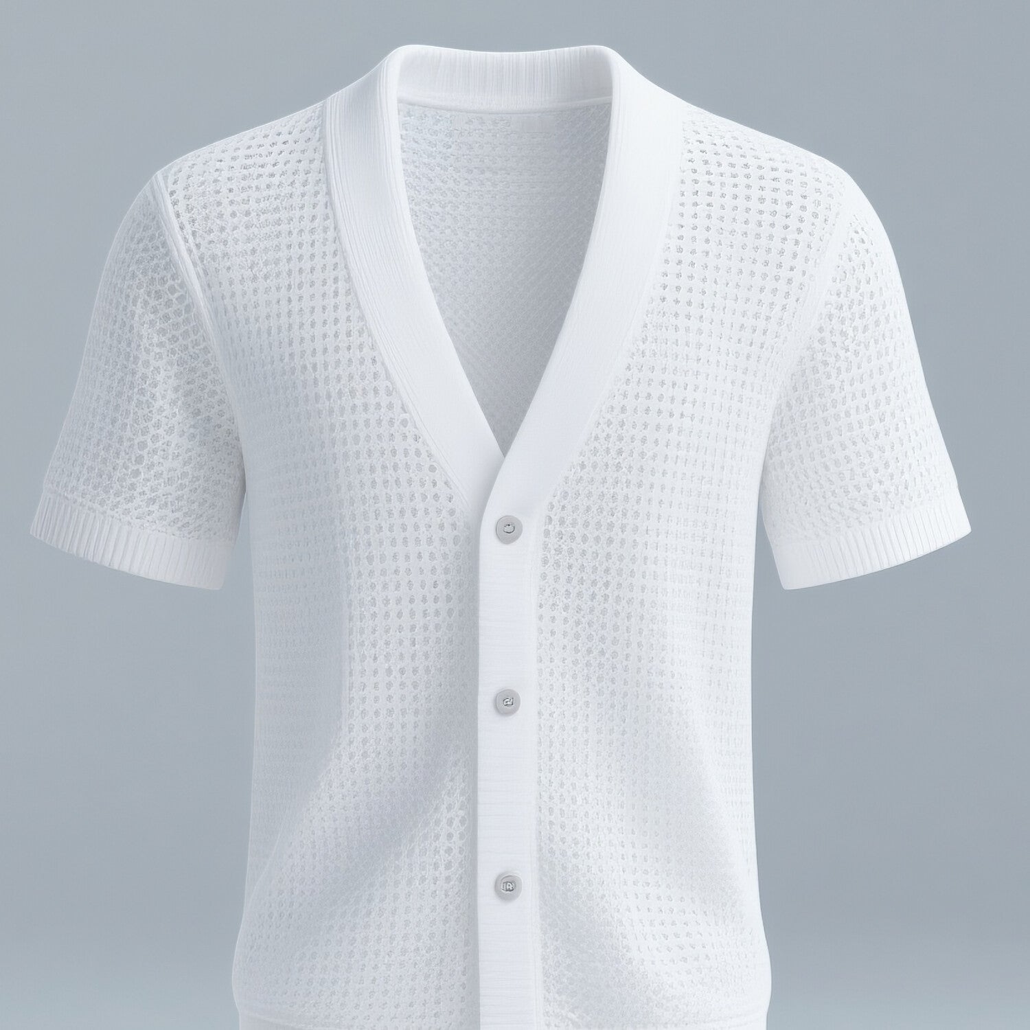 Men's V Neck Three Button Short Sleeve Knit Hollow Out Shirt