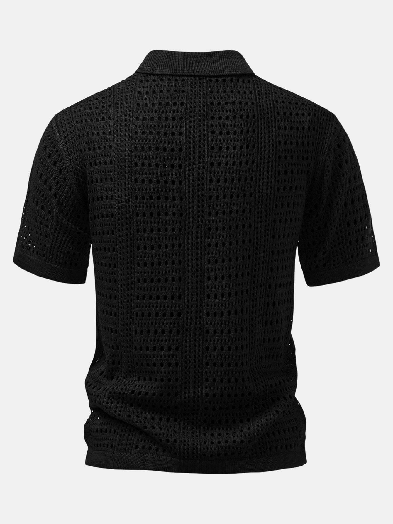 Men's Stylish Hollow Out Crochet V-Neck Knit Polo Shirt Short Sleeve