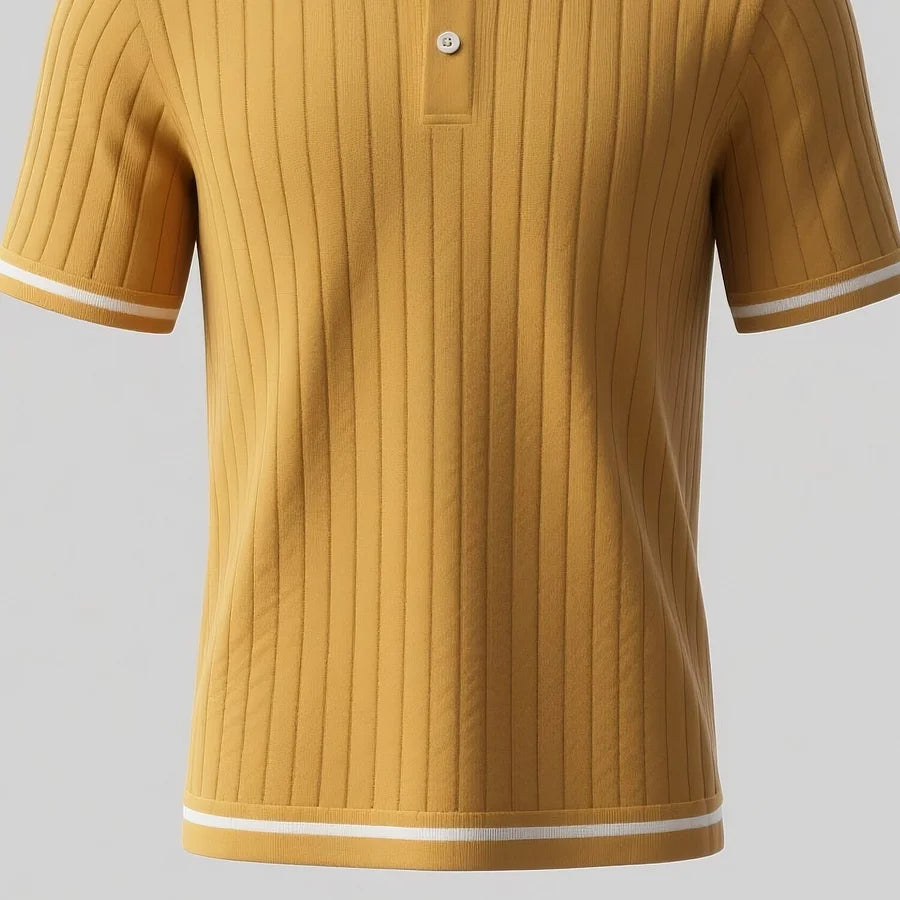 Giovanco Men's Ribbed Knitted Short Sleeve Polo Shirt with Stylish White Stripes