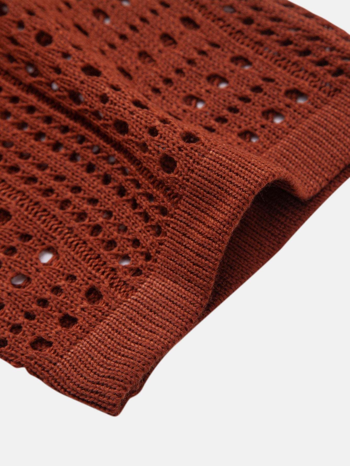 Men's Stylish Hollow Out Crochet V-Neck Knit Polo Shirt Short Sleeve