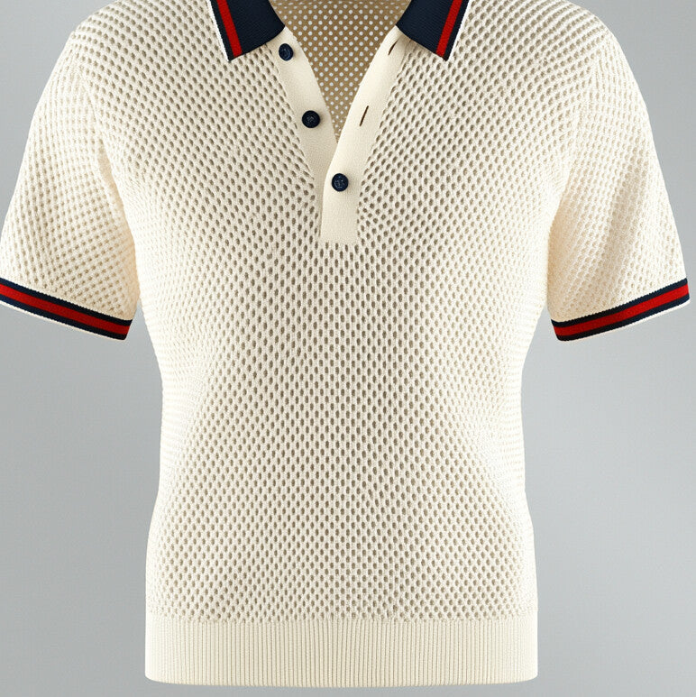 Men's Knitted Hollow Out Contrast Stripes Half Button Short Sleeve Polo Shirt