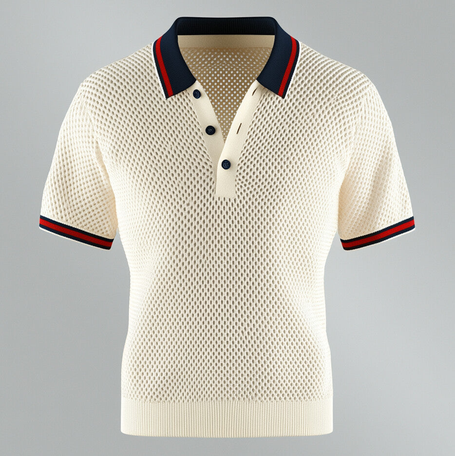 Men's Knitted Hollow Out Contrast Stripes Half Button Short Sleeve Polo Shirt