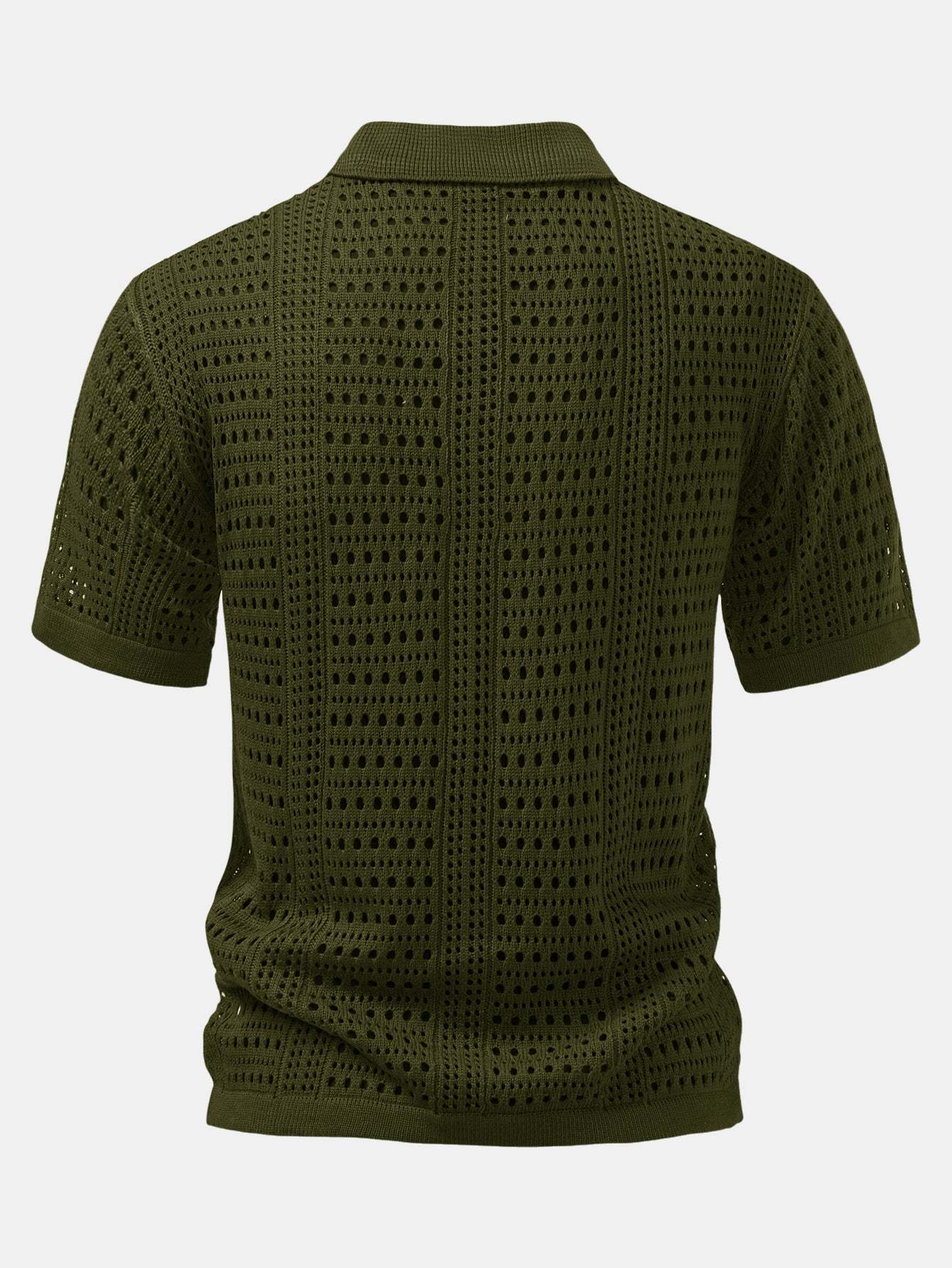 Men's Stylish Hollow Out Crochet V-Neck Knit Polo Shirt Short Sleeve