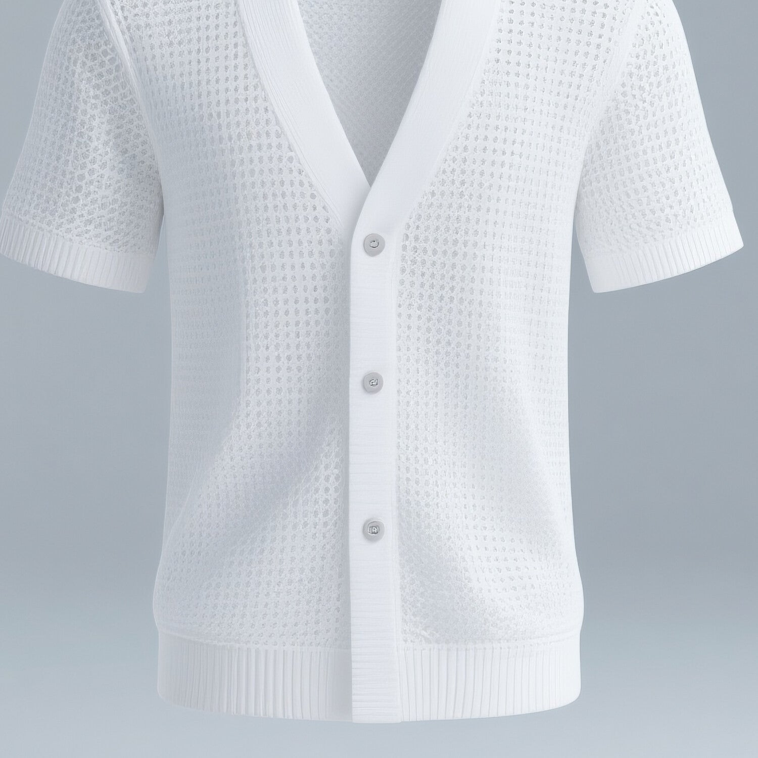 Men's V Neck Three Button Short Sleeve Knit Hollow Out Shirt