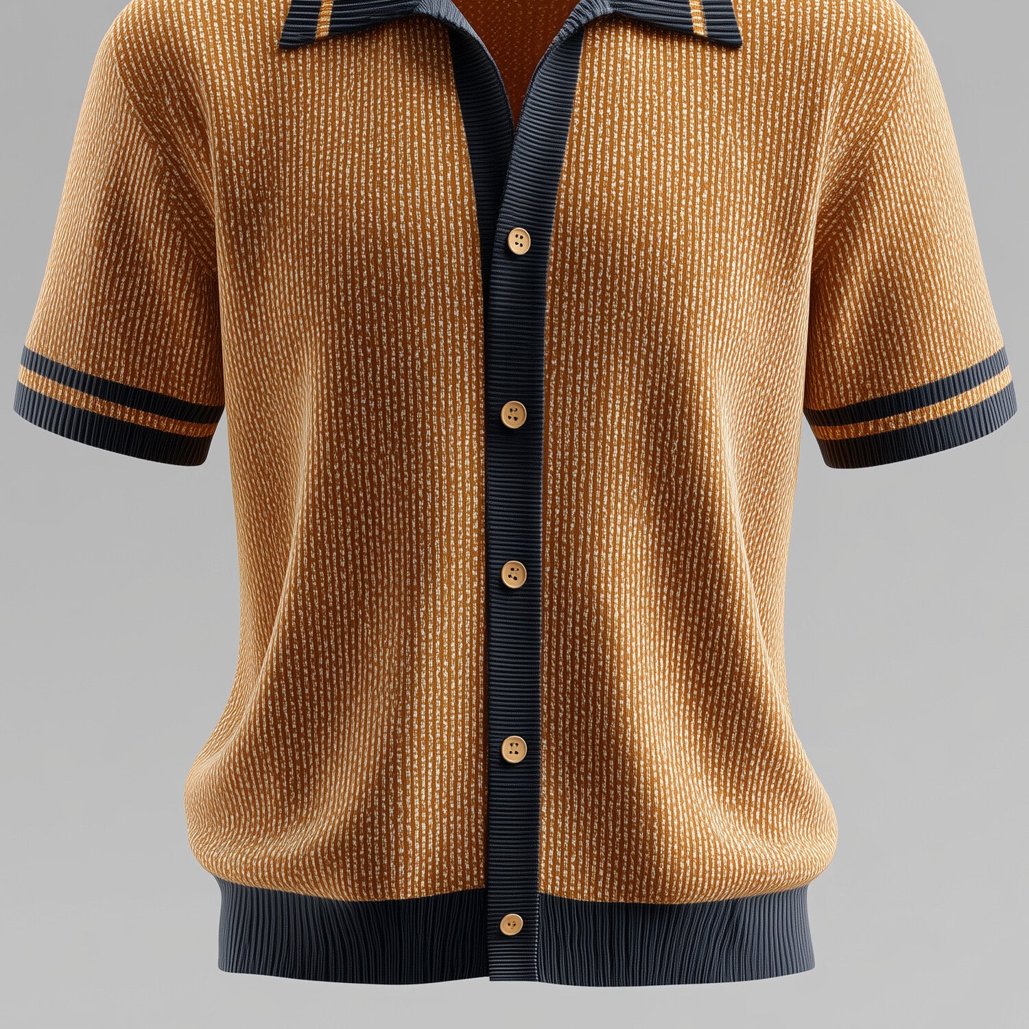 Men's Textured Knit Colorblock Striped Turndown Collar Short Sleeve Shirt