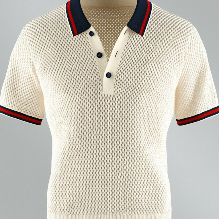 Men's Knitted Hollow Out Contrast Stripes Half Button Short Sleeve Polo Shirt