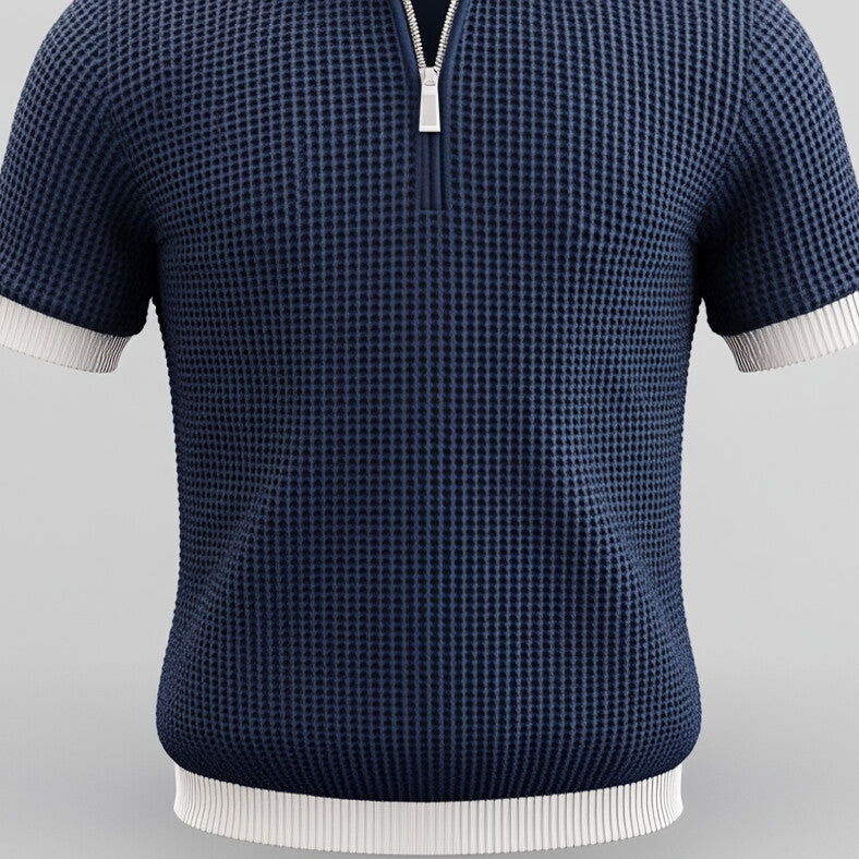 Men's Waffle Colorblock Turndown Collar Half Zip Short Sleeve Shirt