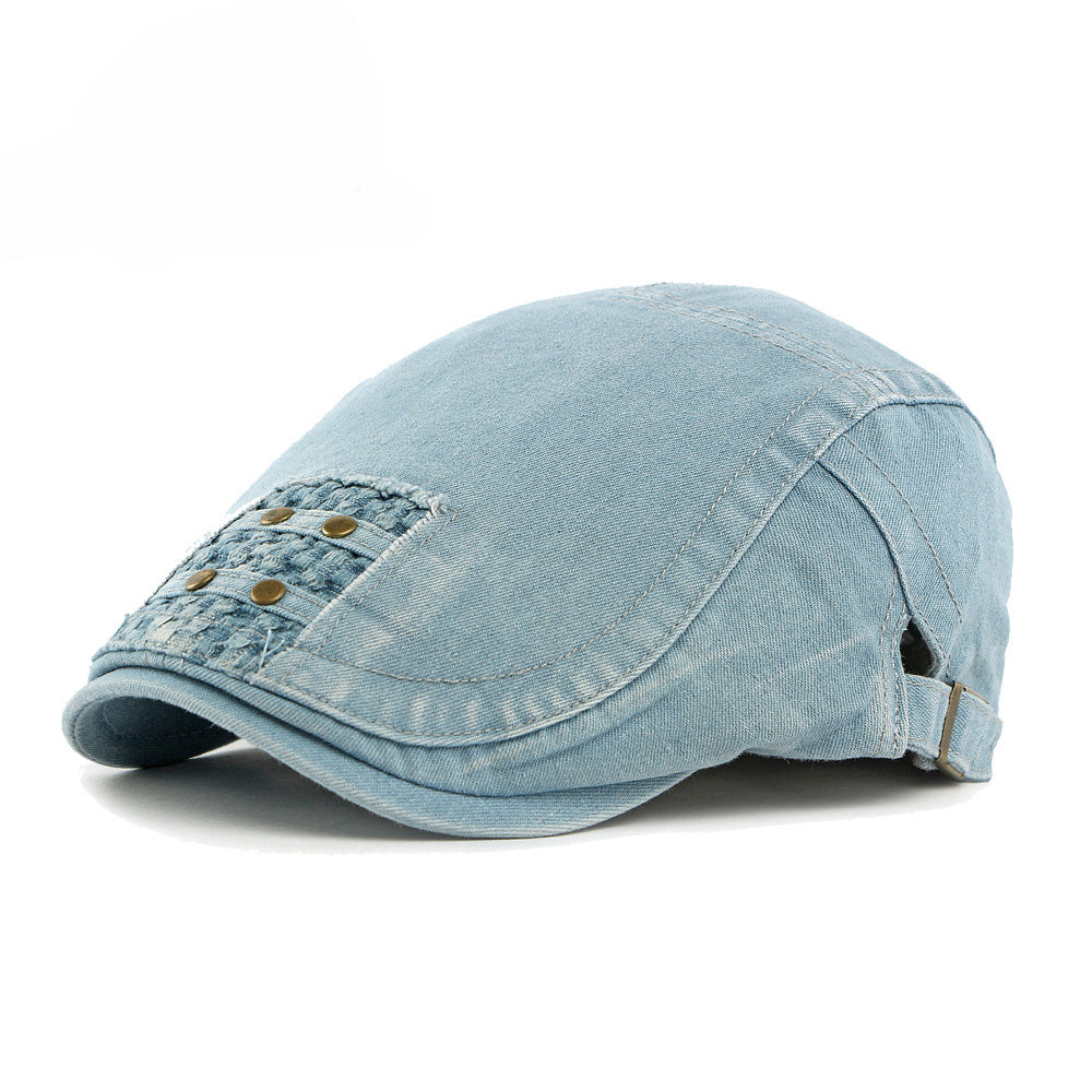 Men's Dark Blue Washed Denim Studded Adjustable Metal Buckle Flat Cap
