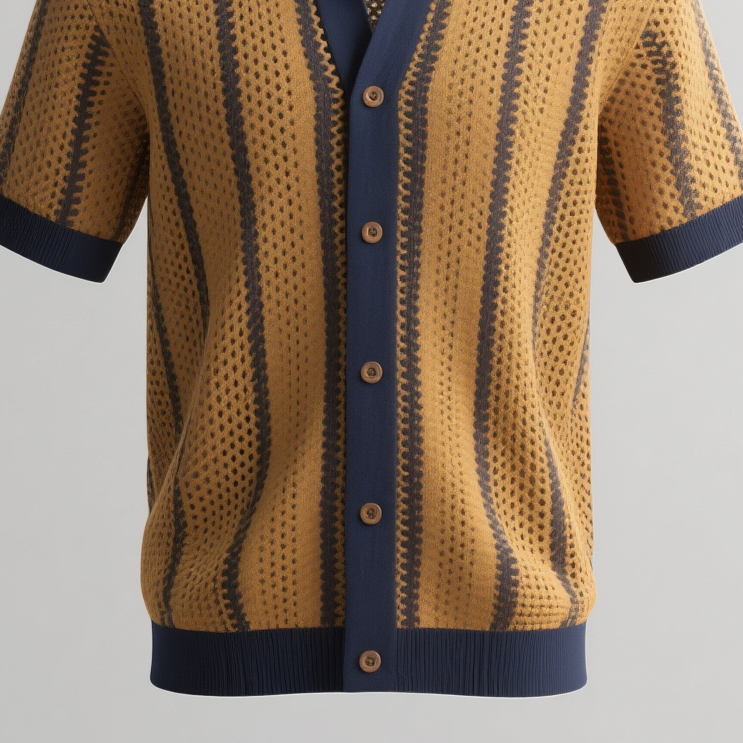 Men's Two Tone Striped Knit Hollow Out Turndown Collar Short Sleeve Shirt