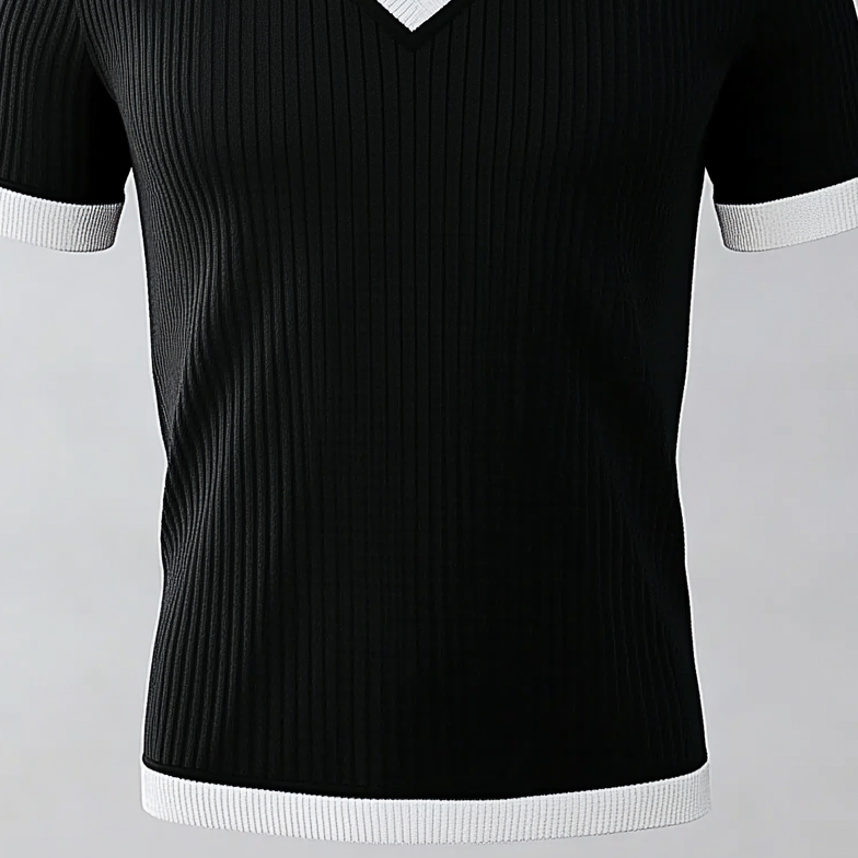 Men's Contrast Color V Neck Short Sleeve Knitted T-Shirt