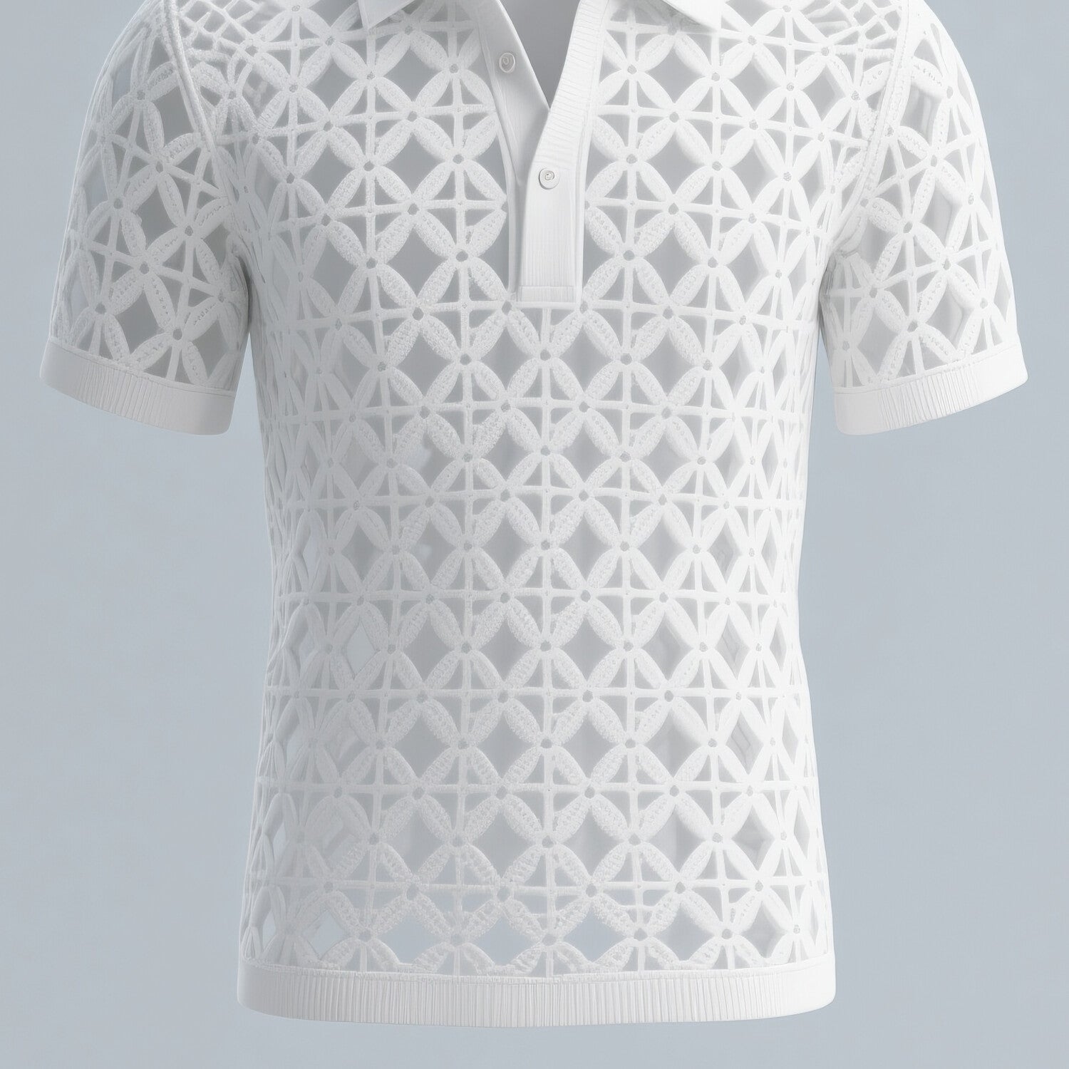 Men's Half Button Short Sleeve Geometric Hollow Crochet Polo Shirt