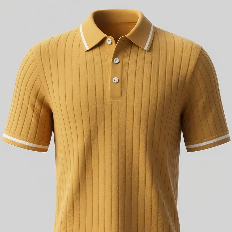 Giovanco Men's Ribbed Knitted Short Sleeve Polo Shirt with Stylish White Stripes