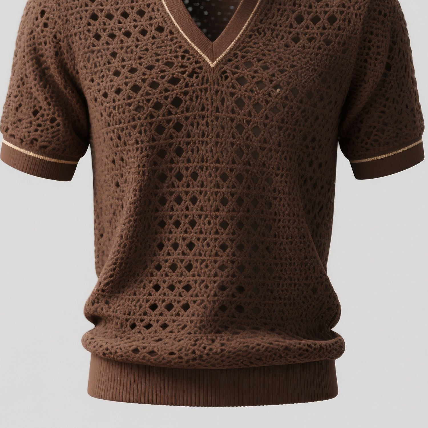 Men's Crochet Hollow Out Stripe Turndown Collar Short Sleeve Shirt
