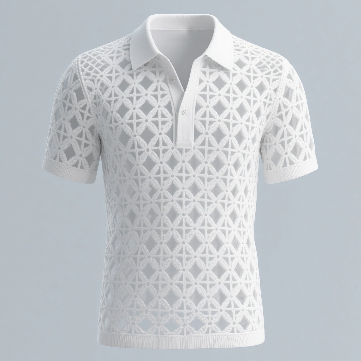 Men's Half Button Short Sleeve Geometric Hollow Crochet Polo Shirt