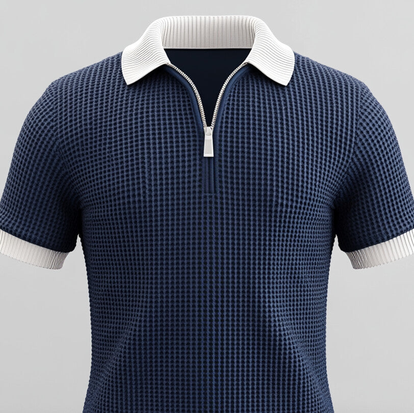 Men's Waffle Colorblock Turndown Collar Half Zip Short Sleeve Shirt