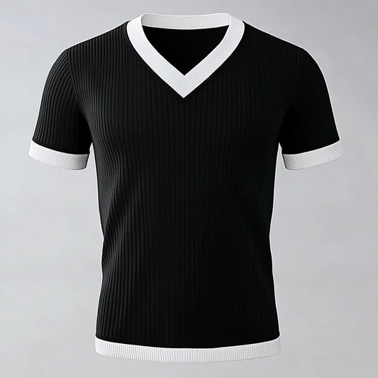 Men's Contrast Color V Neck Short Sleeve Knitted T-Shirt