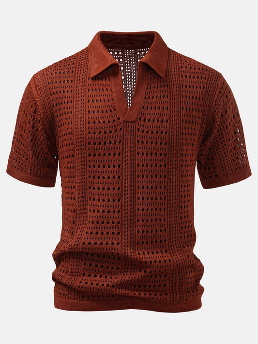 Men's Stylish Hollow Out Crochet V-Neck Knit Polo Shirt Short Sleeve