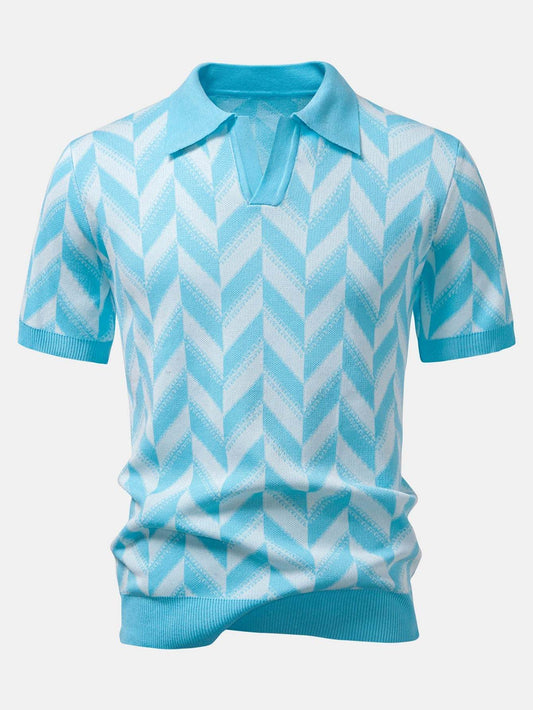 Men's Stylish Geometric Knitted V-Neck Polo Shirt - Soft Viscose Fabric