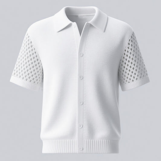 Men's Knit Hollow Out Short Sleeve Turndown Collar Button Shirt