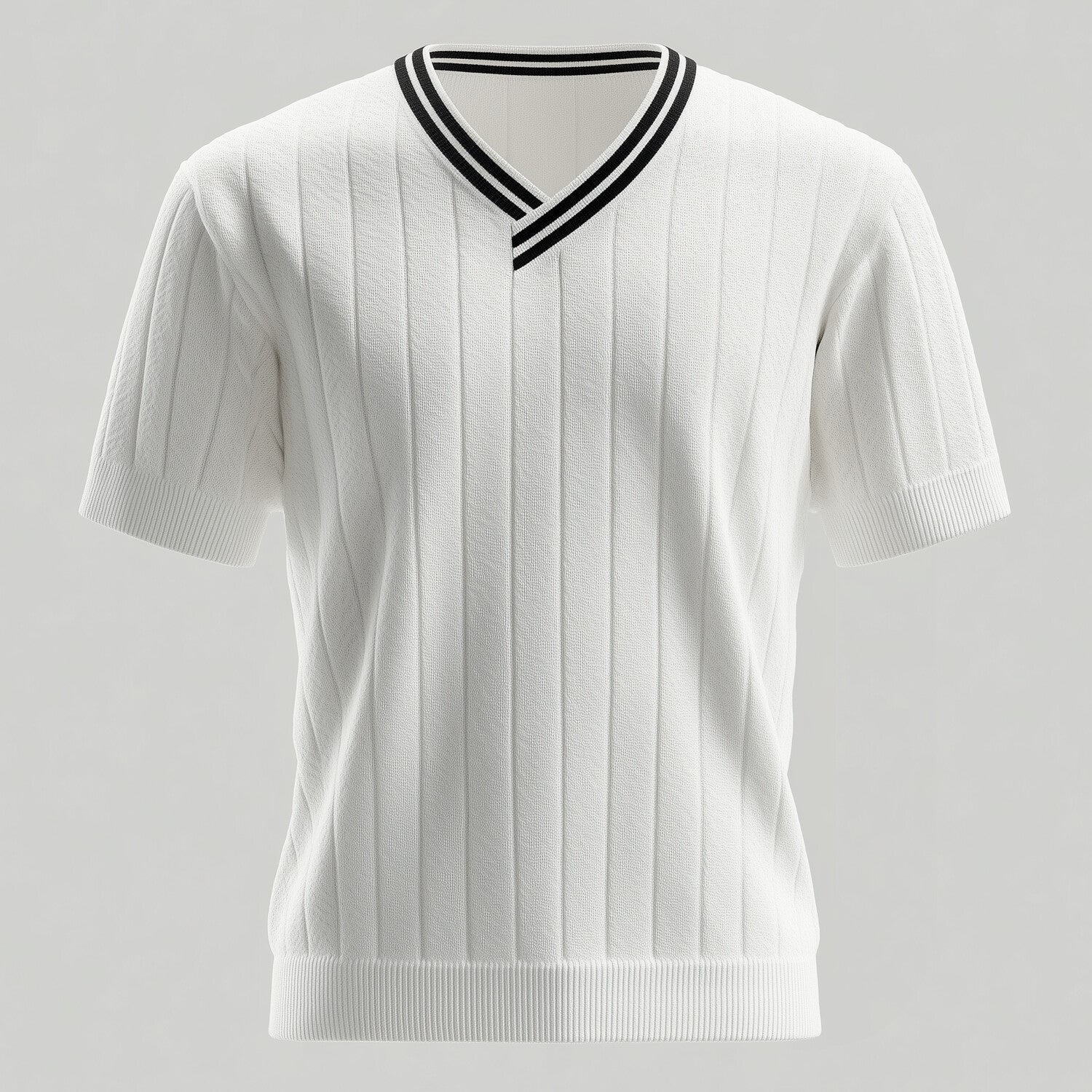 Men's Ribbed Knit V Neck Black Striped Short Sleeve T-Shirt