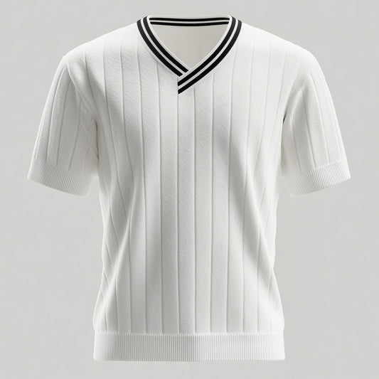 Men's Ribbed Knit V Neck Black Striped Short Sleeve T-Shirt
