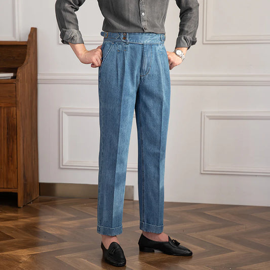 Mogghal | Denim Lorenzo Vintage Pleated Straight Fit Trousers