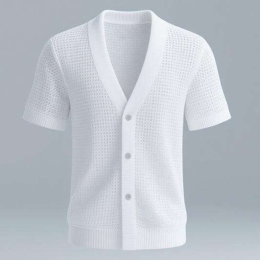 Men's V Neck Three Button Short Sleeve Knit Hollow Out Shirt