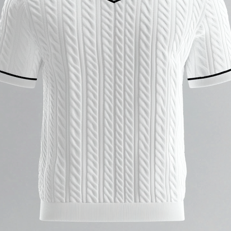 Men's Cable Knit Contrast Binding V Neck Short Sleeve T-Shirt