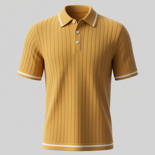 Giovanco Men's Ribbed Knitted Short Sleeve Polo Shirt with Stylish White Stripes