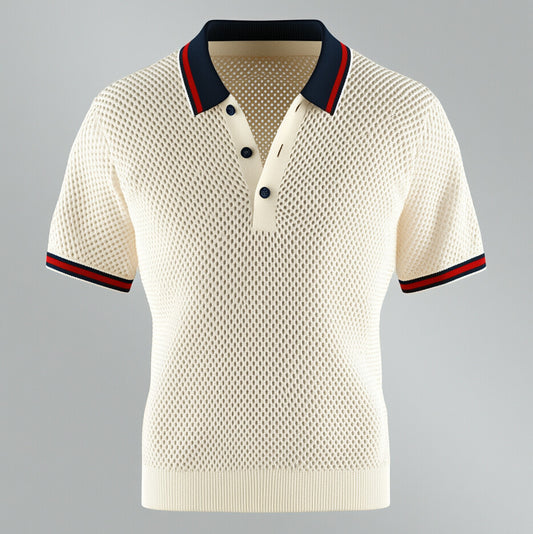 Men's Knitted Hollow Out Contrast Stripes Half Button Short Sleeve Polo Shirt