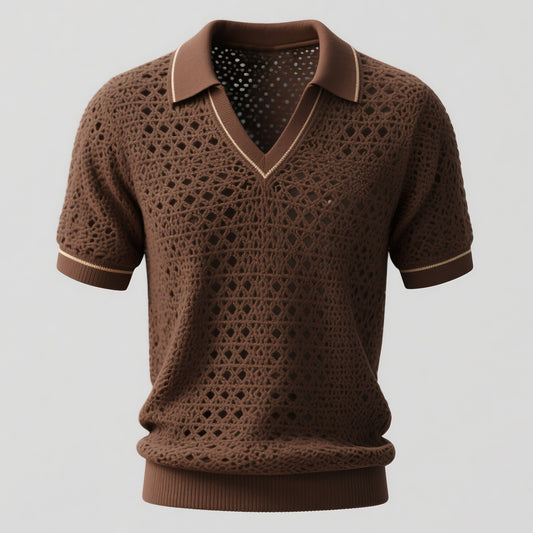 Men's Crochet Hollow Out Stripe Turndown Collar Short Sleeve Shirt