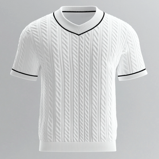 Men's Cable Knit Contrast Binding V Neck Short Sleeve T-Shirt