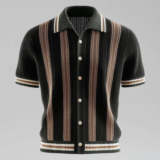 Men's Colorblock Striped Knit Short Sleeve Button Up Shirt