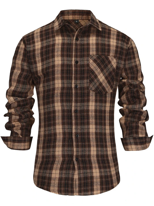 Mogghal | Long Sleeve Coffee Shade Plaid Shirt  Regular Fit Shirt