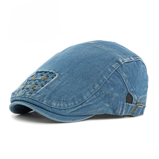 Men's Dark Blue Washed Denim Studded Adjustable Metal Buckle Flat Cap