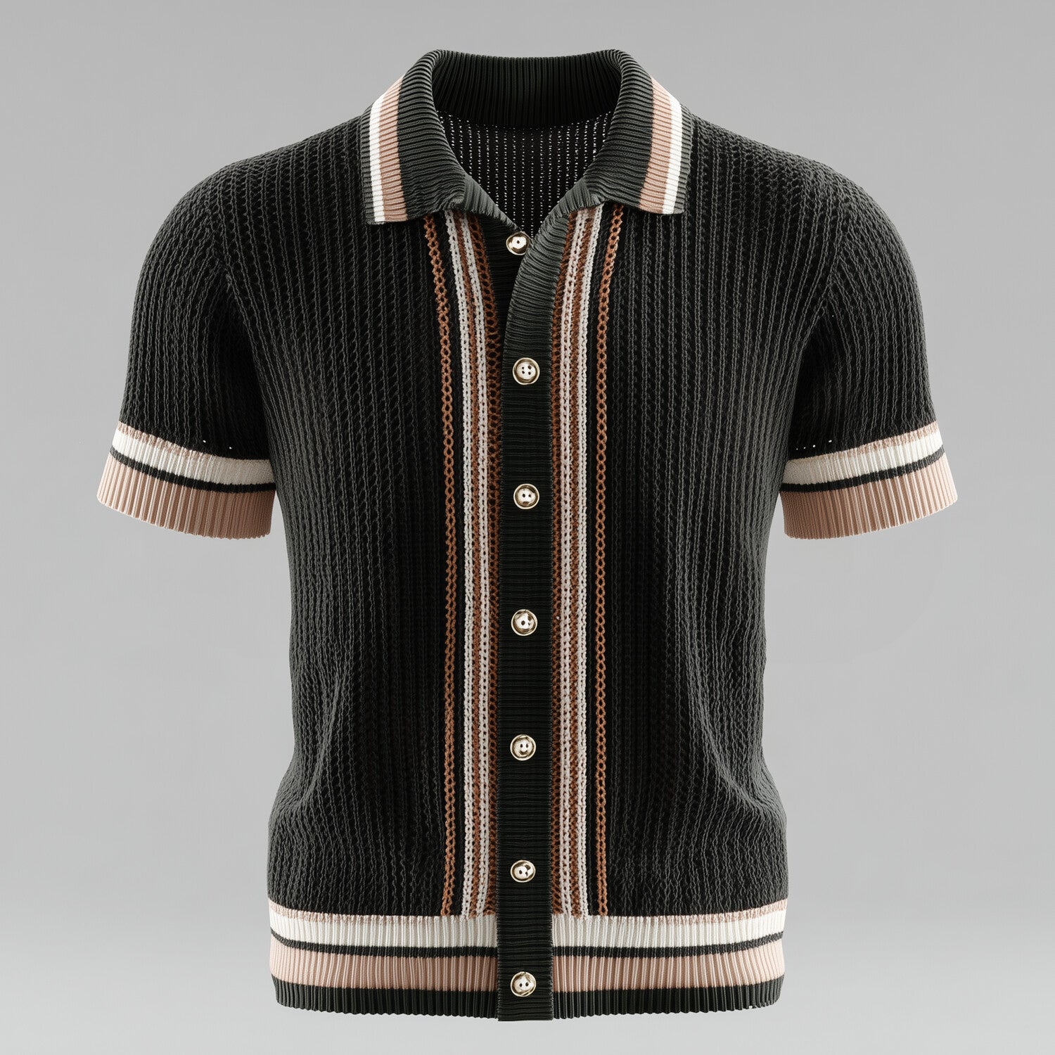 Men's Contrast Striped Knit Turndown Collar Short Sleeve Shirt