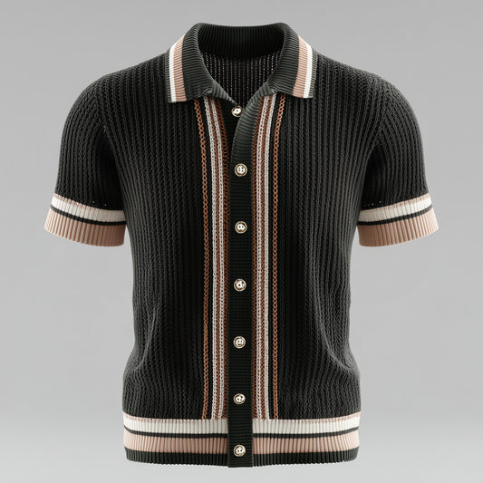 Men's Contrast Striped Knit Turndown Collar Short Sleeve Shirt