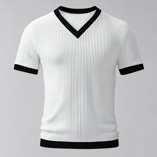 Men's V Neck Short Sleeve Knitted Contrast Binding T-Shirt